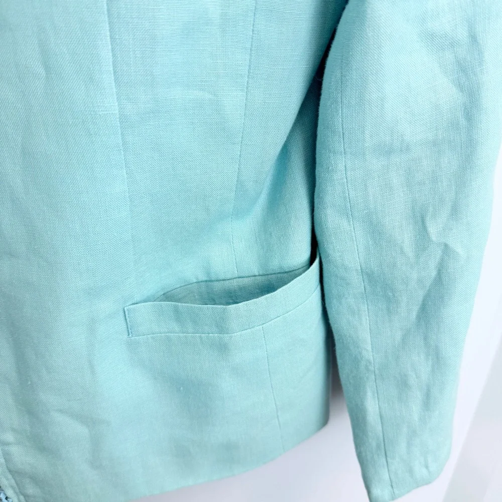 Talbots Vintage 100% Irish Linen‎ 2 Piece Pant Suit Light Blue Zip Jacket Size 8
